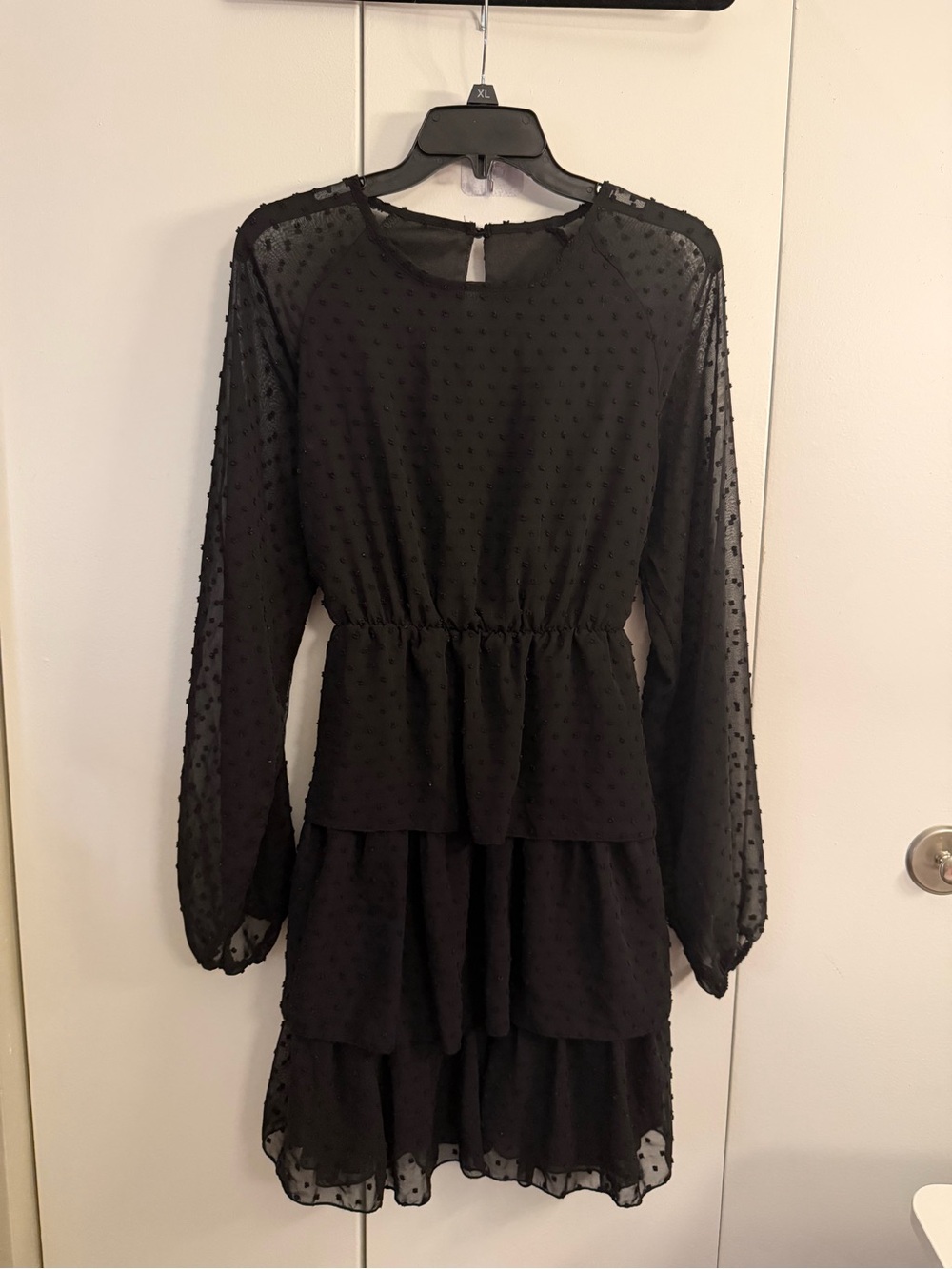 SHEIN Black Sheer Dotted Tiered Long-Sleeve Dress
